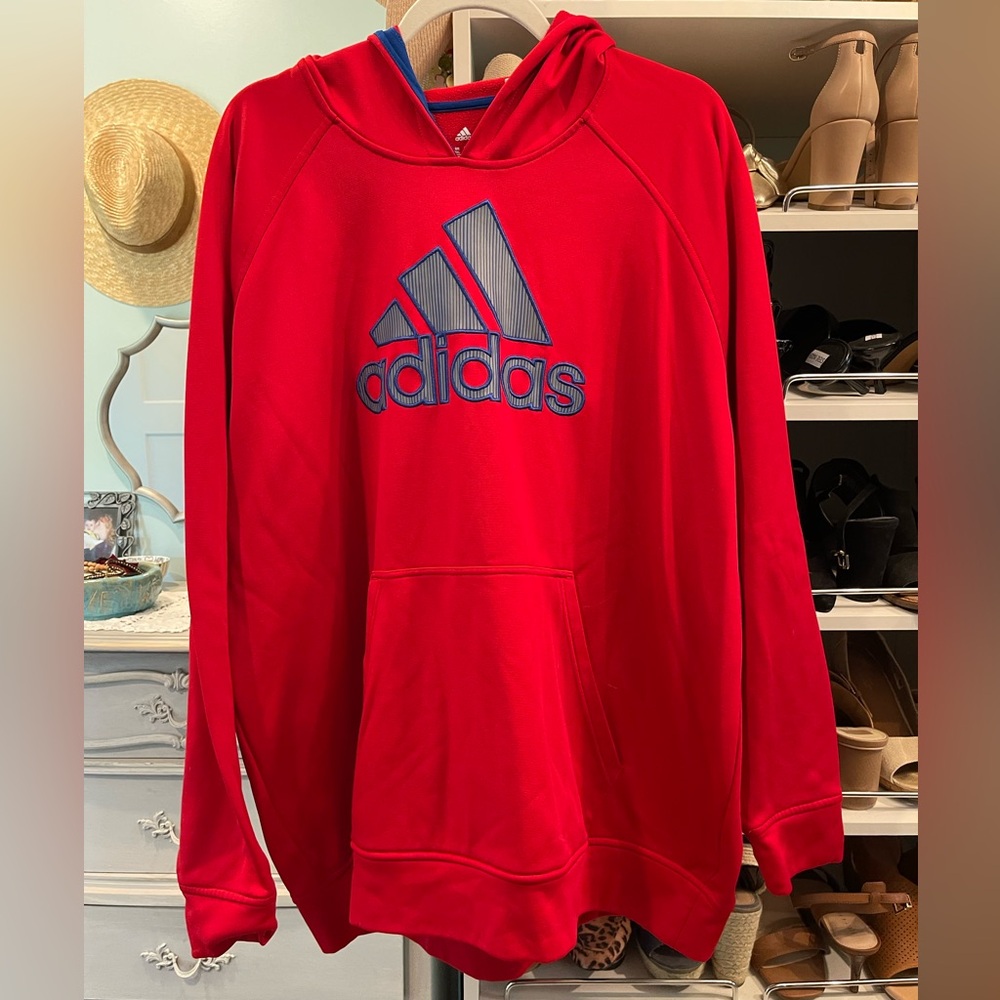 Adidas Men's Red Hoodie with Blue Logo